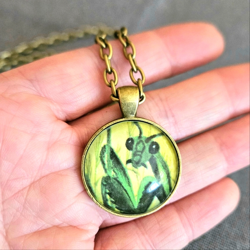 Praying mantis 1970s Richard Scarry book page necklace brass cabochon ooak